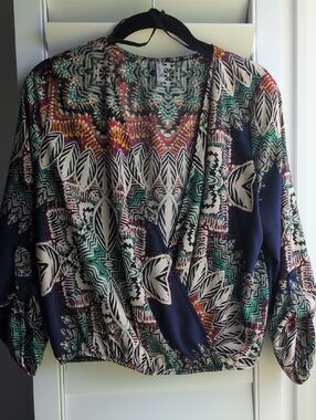 Boho Printed Pullover Top in Navy, Teal & Cream